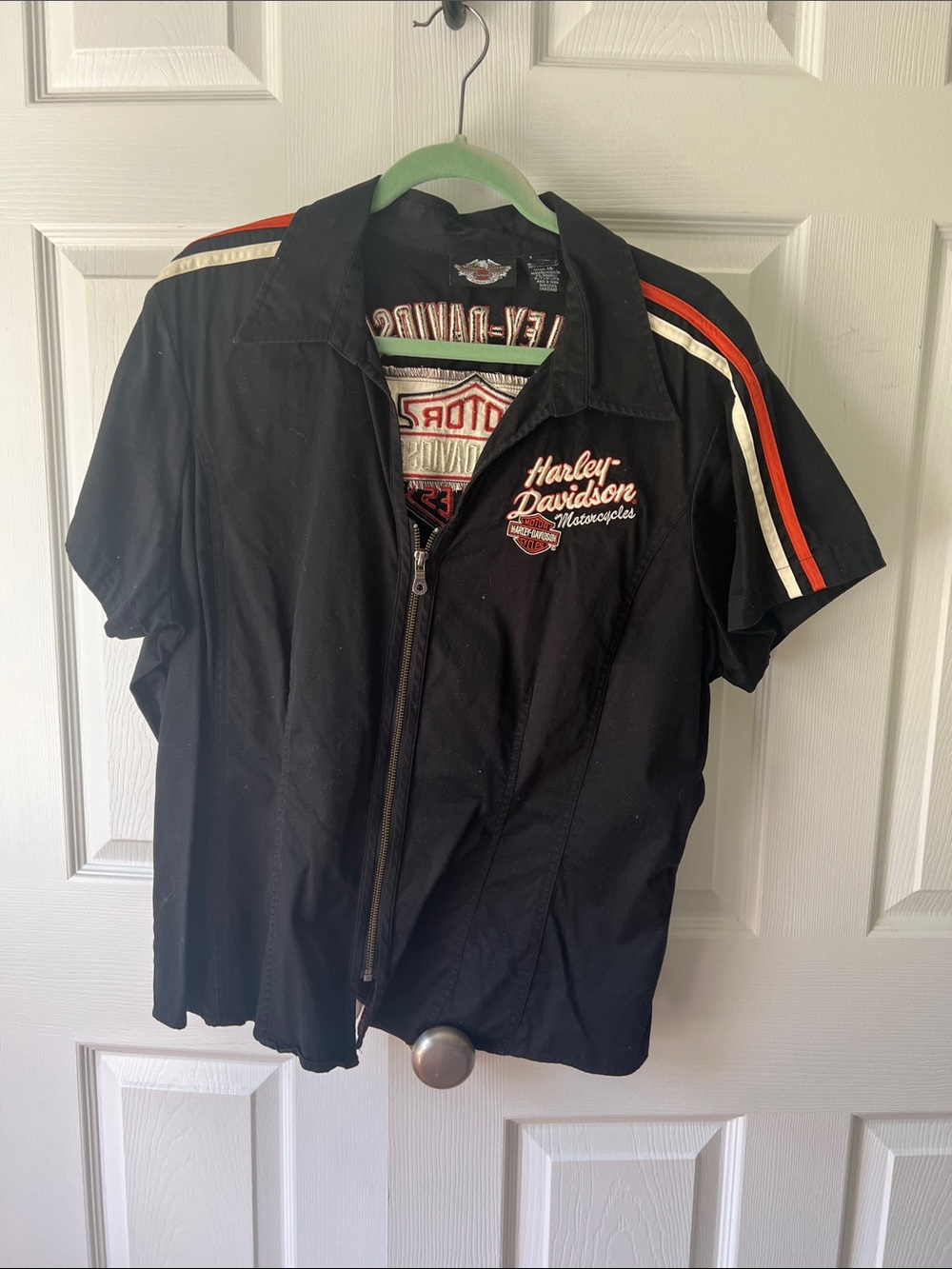 Harley-Davidson Black Short-Sleeve Zip shirt with Orange & White Stripes